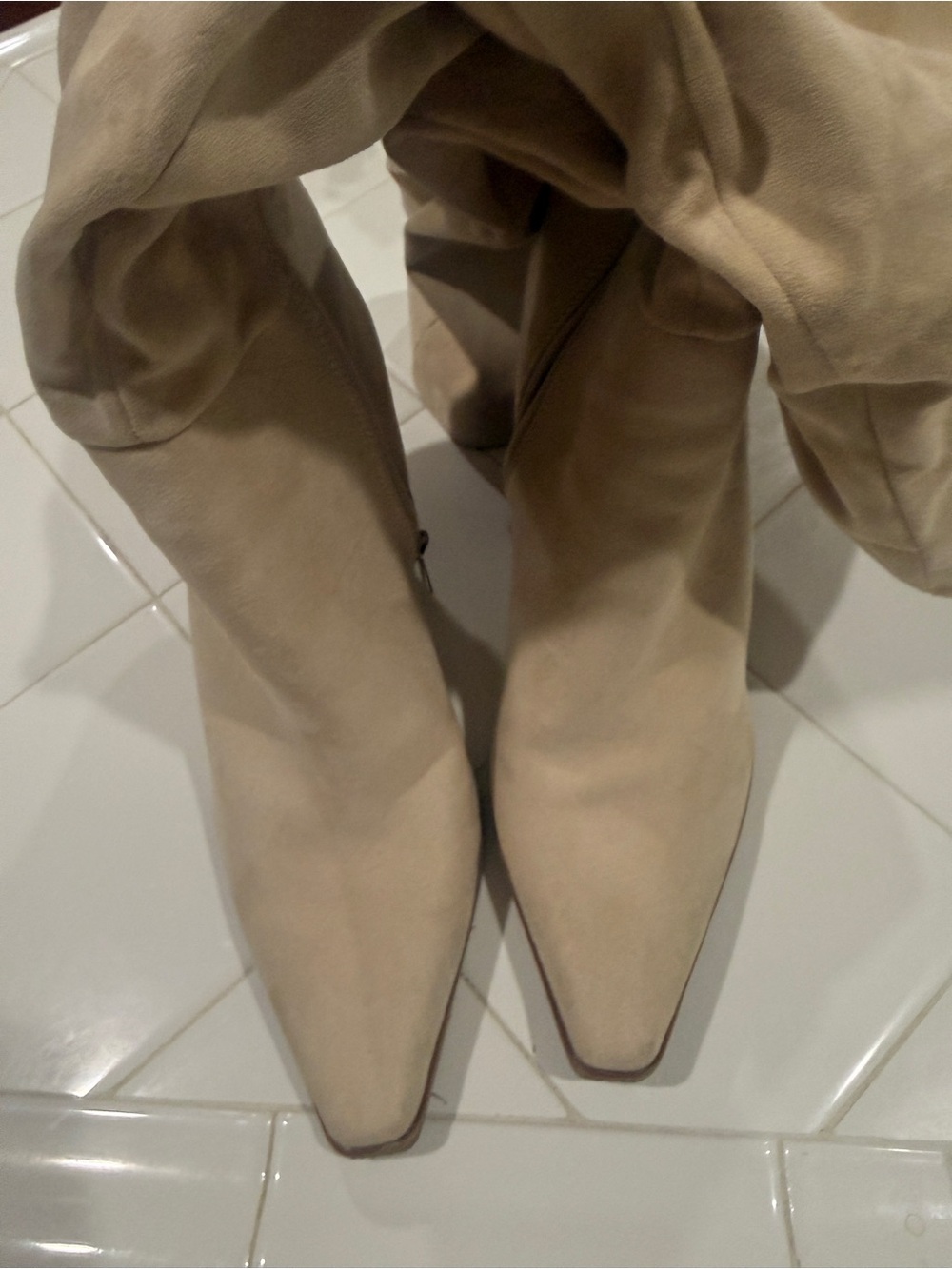 Beige Pointed-Toe Knee-High Heeled Boots